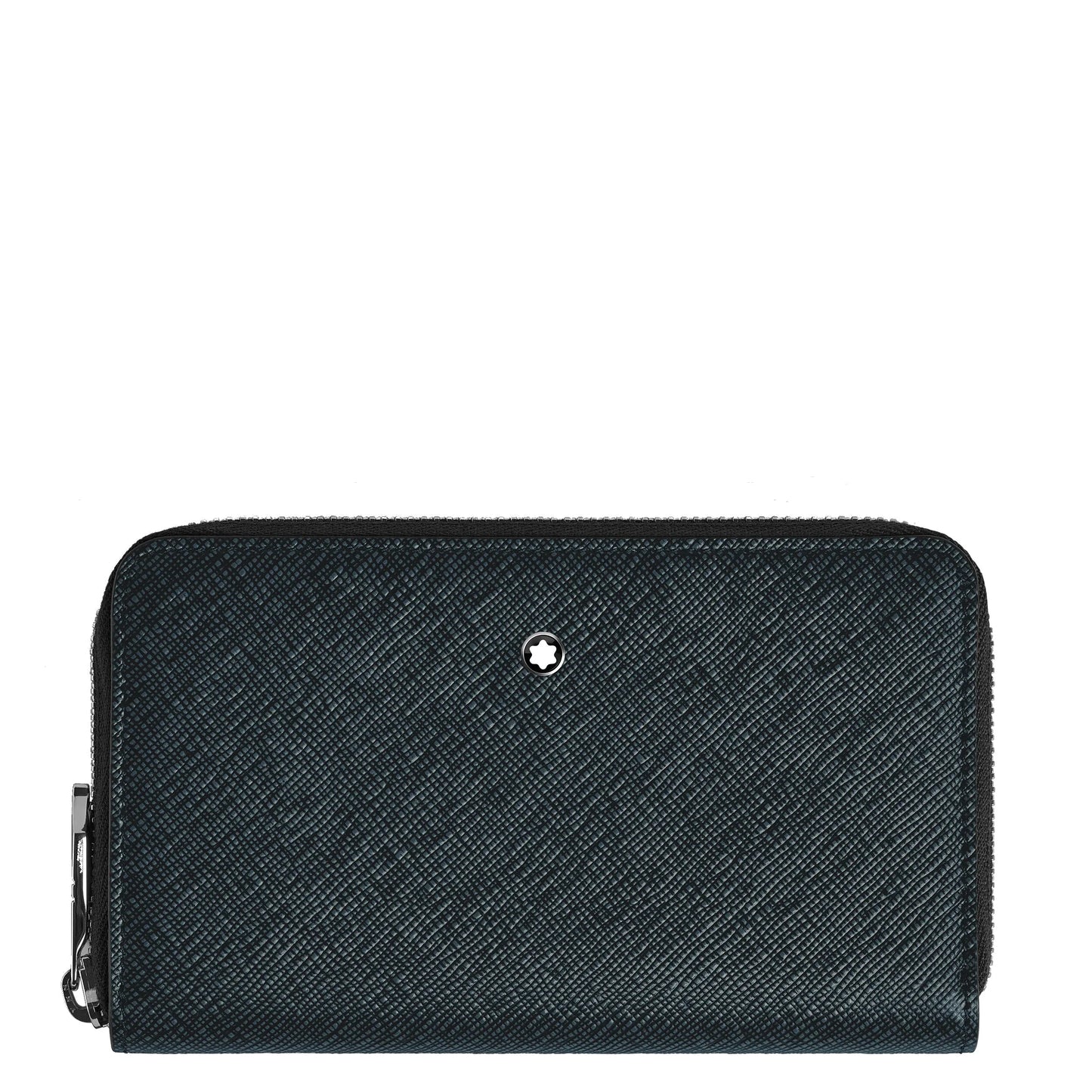 Montblanc portafoglio nero con logo stella argento in tessuto tweed blu con cerniera combina stile intramontabile