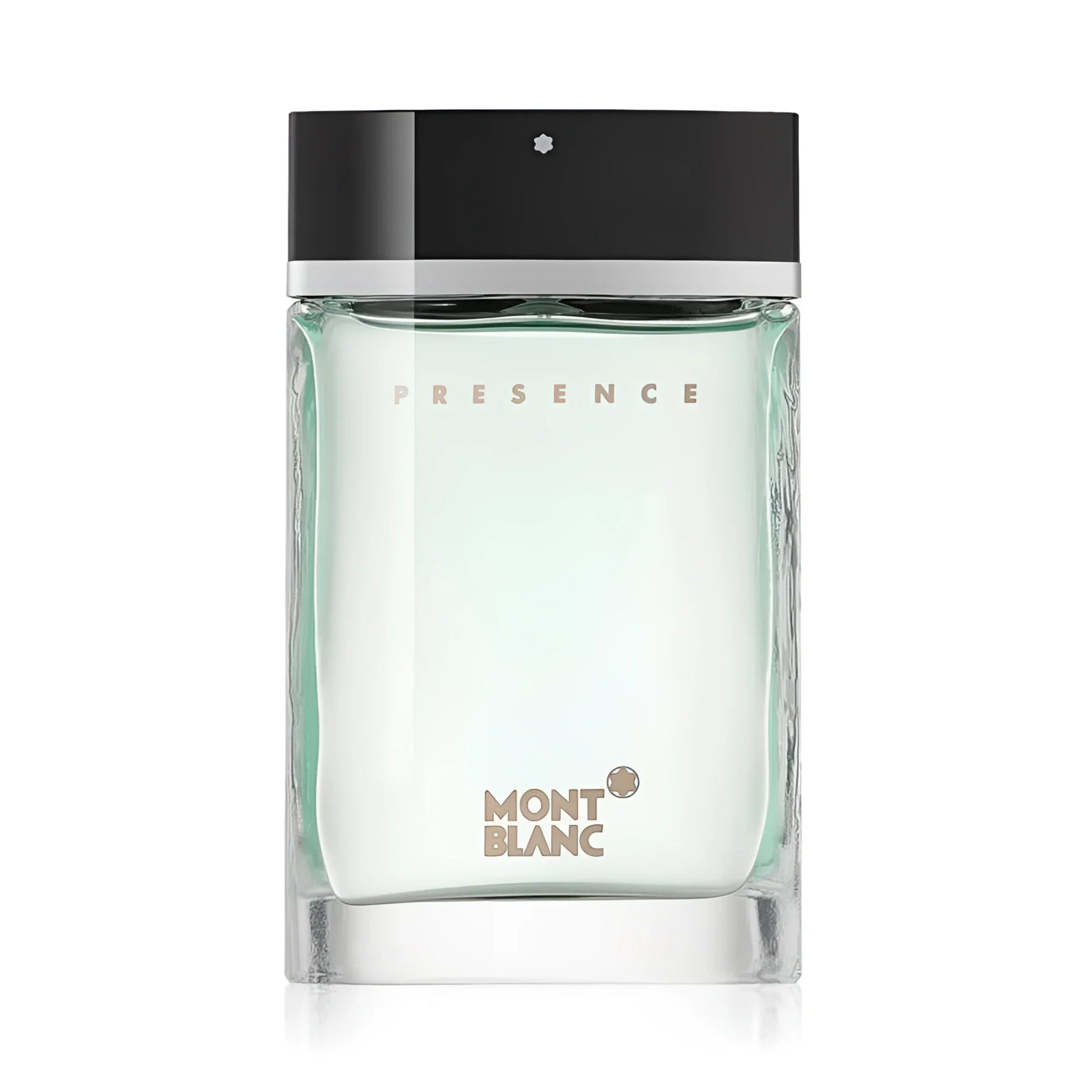 Bottiglia trasparente rettangolare di montblanc presence eau de toilette 75ml mb001a01 con liquido verde chiaro e tappo nero
