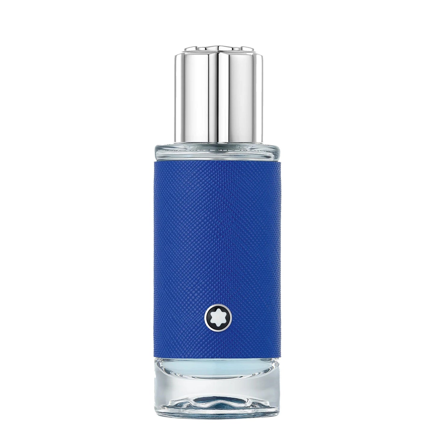 Bottiglia di profumo montblanc explorer ultra blue 30ml con finitura in pelle blu e tappo argento per carisma raffinati narrando