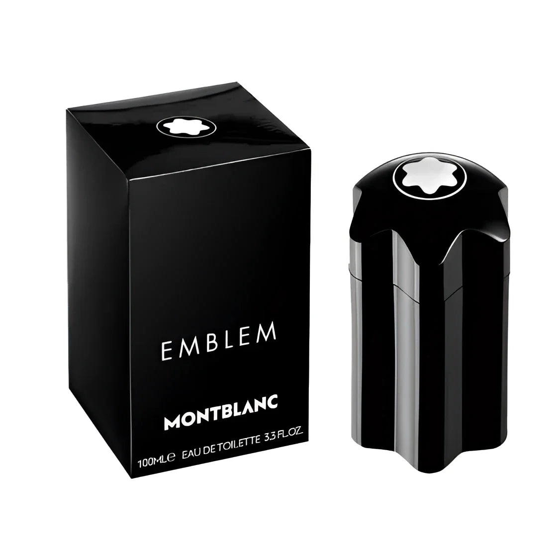 Bottiglia di montblanc profumo emblem eau de toilette 100ml nera con design sfaccettato e stella dargento incarna un’essenza nuova fragranza maschile montblanc