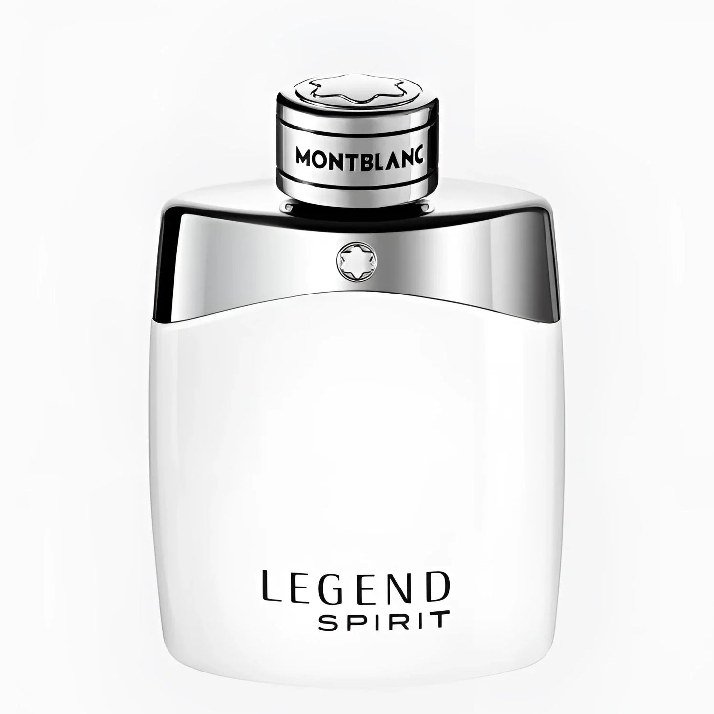 Bottiglia di montblanc legend spirit eau de toilette 100ml con corpo bianco elegante e tappo argento lucidato