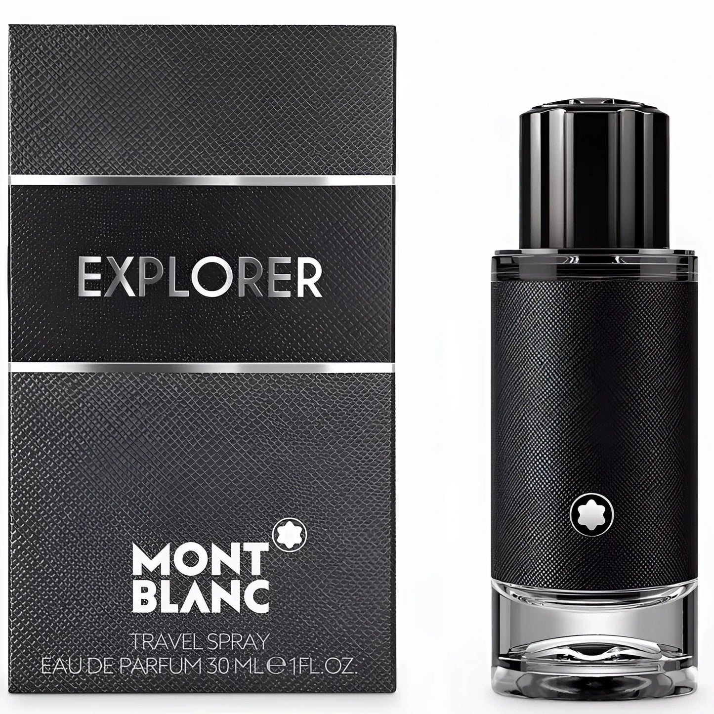 Flacone spray montblanc explorer eau de parfum 30ml nero testurizzato con dettagli argento design moderno