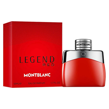Bottiglia vibrante rossa di montblanc legend red eau de parfum 50ml con tappo argento e confezione abbinata