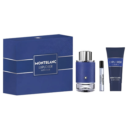 Set regalo montblanc explorer ultra blue con eau de parfum 100ml flacone blu, spray da viaggio 7.5ml e lozione corpo 100ml