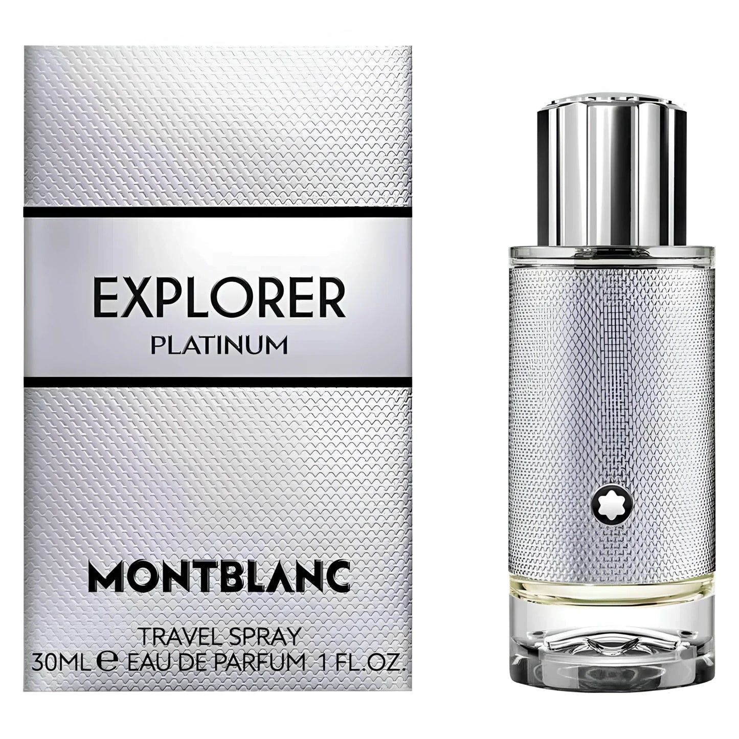 Montblanc explorer platinum eau de parfum 30ml in elegante flacone spray da viaggio in platino con tappo cromato lucido