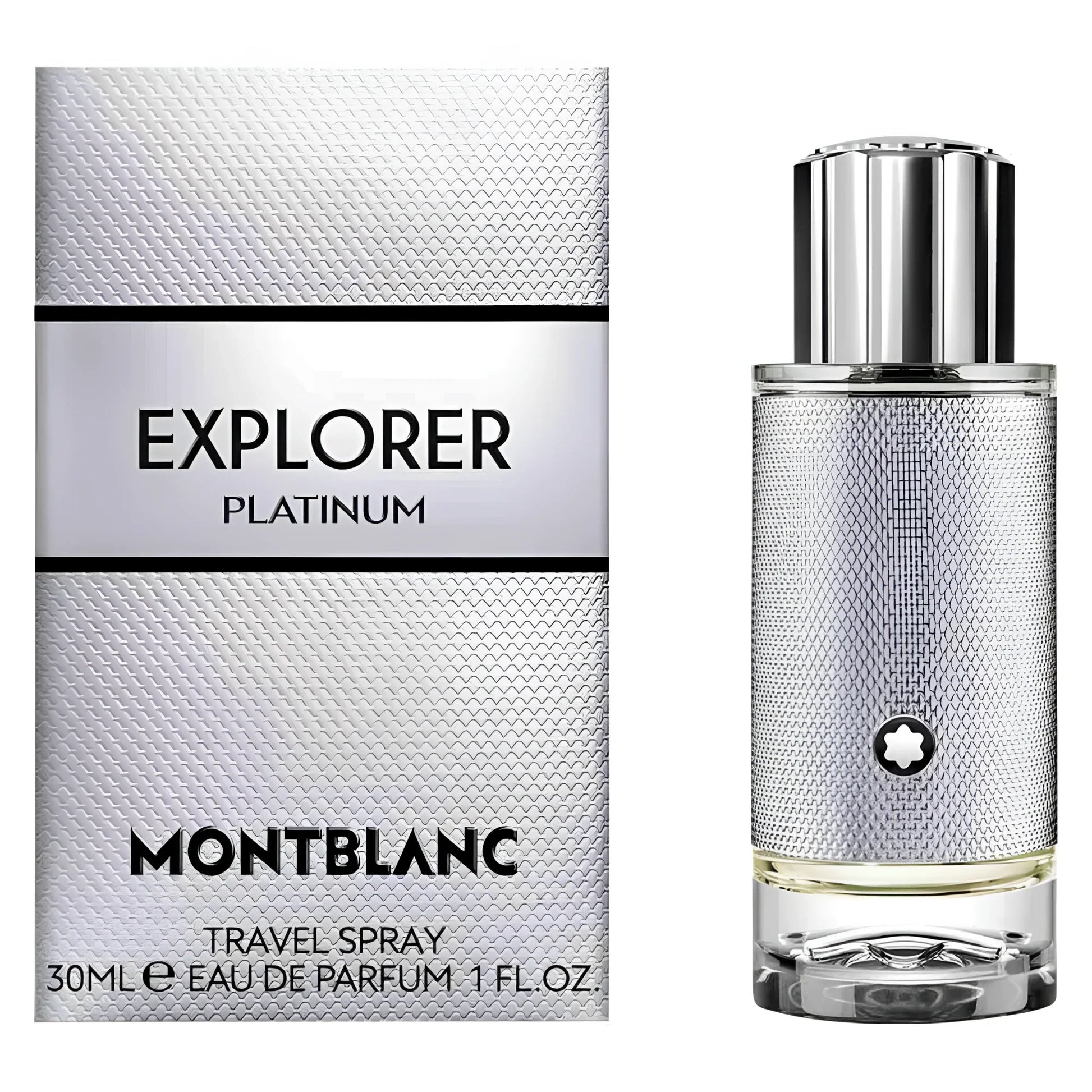 Montblanc explorer platinum eau de parfum 30ml in elegante flacone spray da viaggio in platino con tappo cromato lucido
