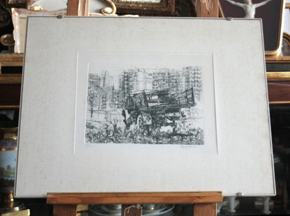 Framed black and white drawing of a truck by Renzo Vespignani Italiano, dimensioni quadro appropriate