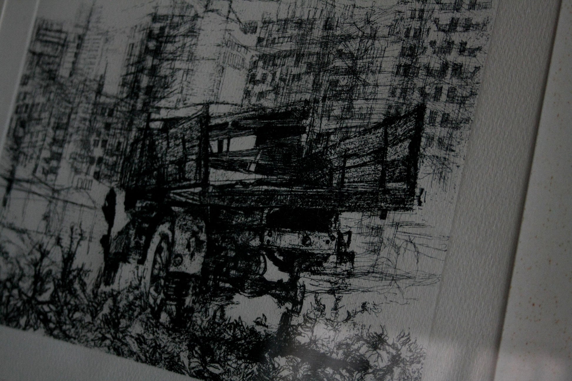 Disegno nero bianco di Renzo Vespignani Italiano con cornice, dimensioni quadro