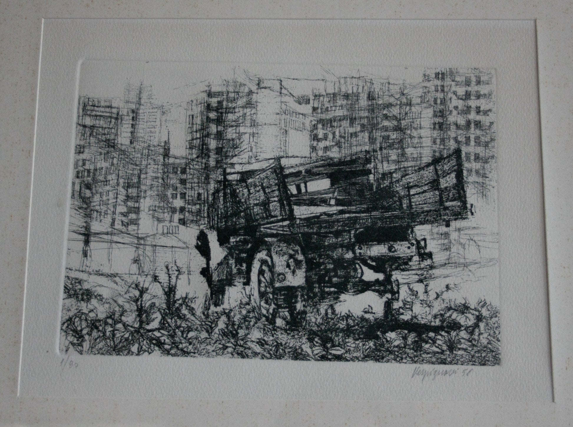 Monochrome truck etching by Renzo Vespignani Italiano, dimensioni quadro 1956