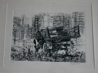 Monochrome truck etching by Renzo Vespignani Italiano, dimensioni quadro 1956