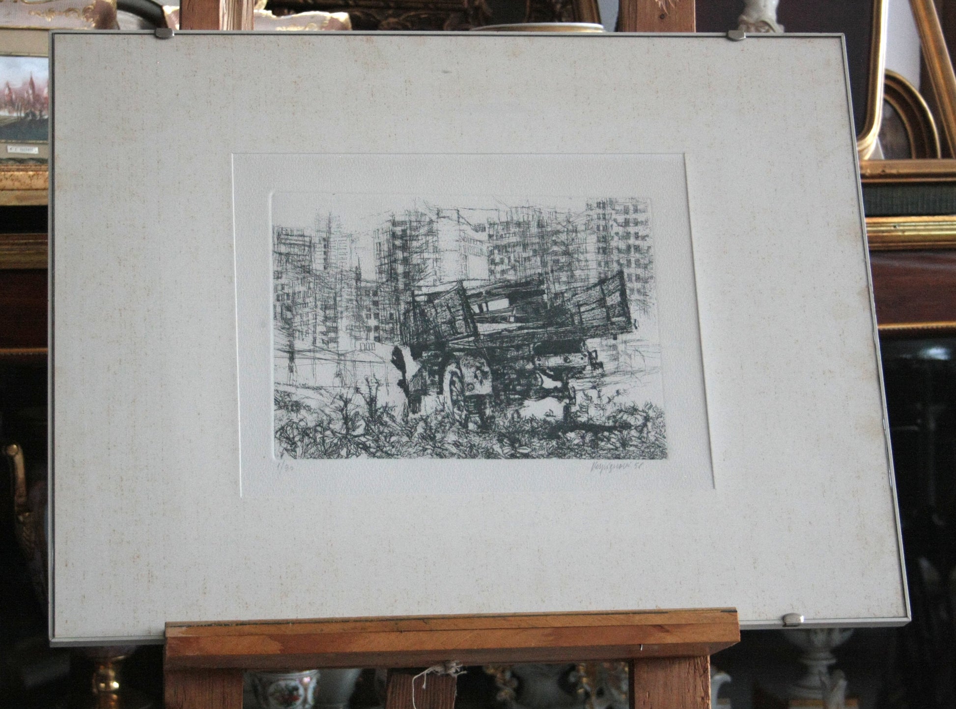 Riproduzione di un disegno in bianco e nero di Renzo Vespignani Italiano Camion in periferia