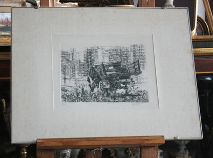Riproduzione di un disegno in bianco e nero di Renzo Vespignani Italiano Camion in periferia