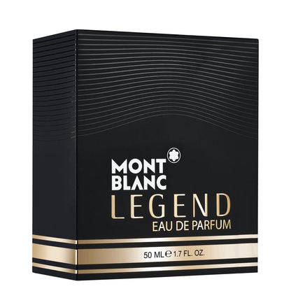 Scatola nera e oro di montblanc legend eau de parfum 50ml con design elegante a linee ondulate