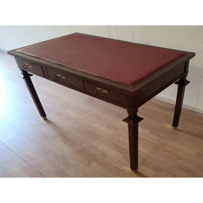 Scrivania Vintage Stile Impero ottocento Noce Piedini in Ottone e Piano Pelle Dario Raia Antiquariato Modernariato Vintage legno massello lucidatura a tampone maniglie ottone Mobile in legno di noce Mobili antichi Mobili nuovi per la casa Mobili per la casa nuova noce originale ottone piano in pelle Scrivania in legno scrivania mid century modern scrivania stile impero tre cassetti