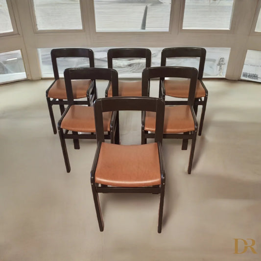 Set di sedia vintage brutaliste anni 70 con cornice marrone e seduta tan