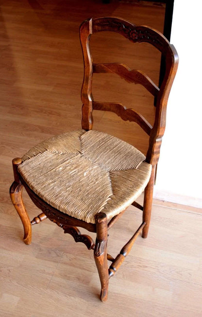 Set di 6 sedie provenzali rustiche in rovere massello ottocento con sedile in paglia intrecciata restaurate in ottime condizioni