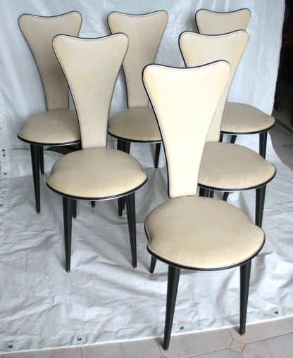 Set 6 sedie umberto mascagni anni 60 in ecopelle bianca con design triangolo irregolare colore crema