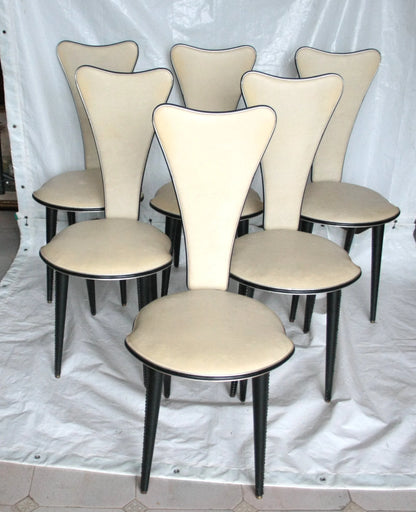 Set 6 sedie umberto mascagni anni 60 in ecopelle bianca con design triangolo irregolare crema