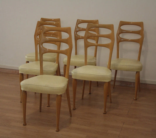 Set di 6 sedie da pranzo mid-century moderne vittorio dassi in legno con sedute crema da dario raia antiquariato