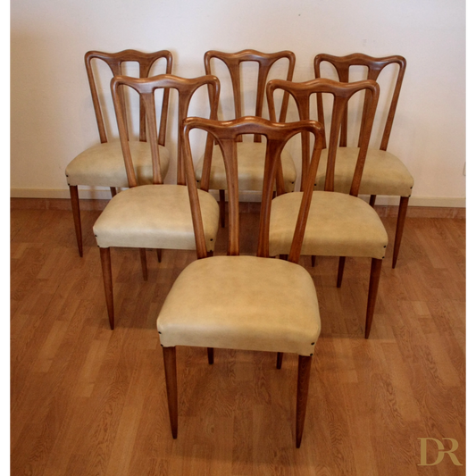 Sedie vintage Casa Italia 1960 con design mid-century moderna, sei sedie in legno e imbottitura