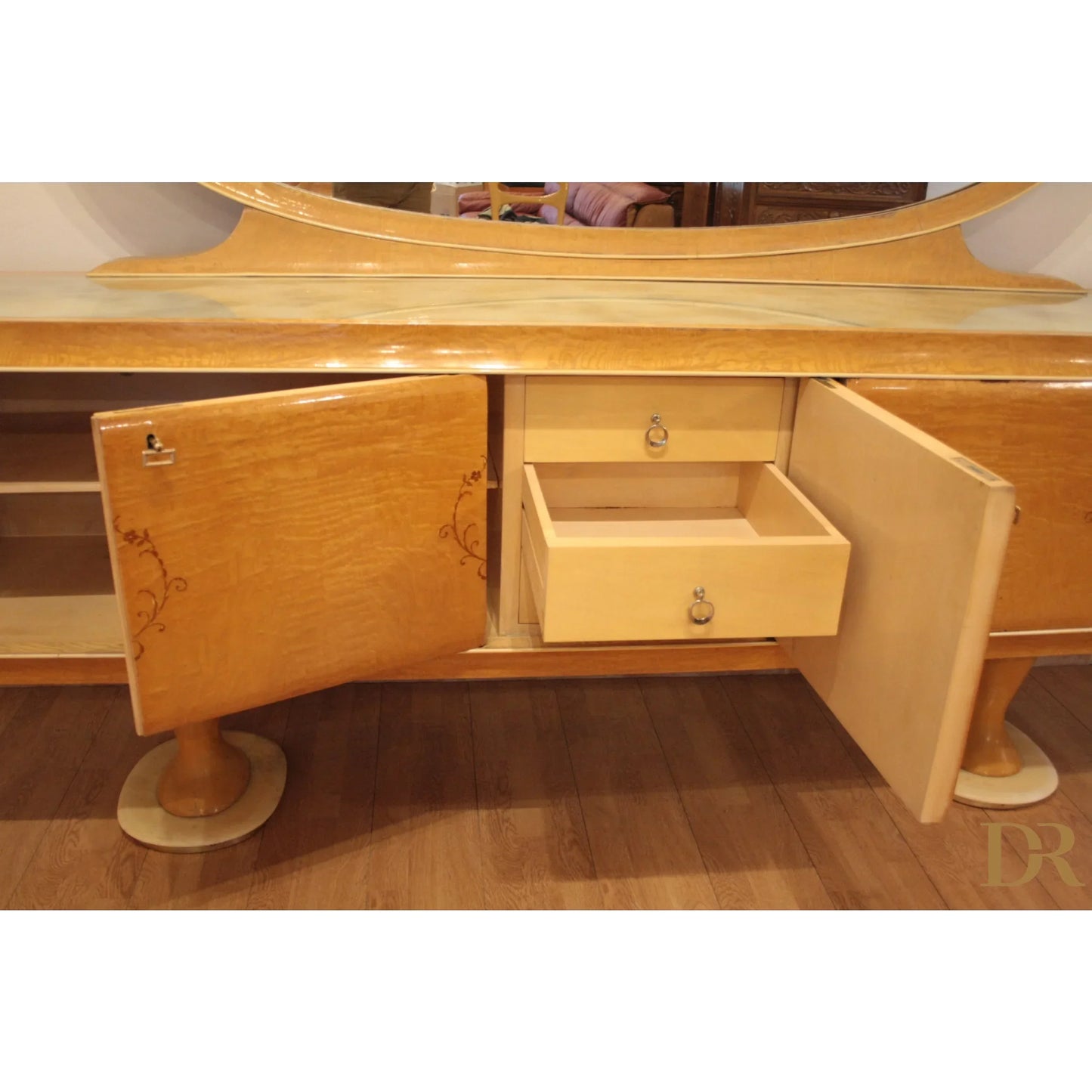 Wooden sideboard vittorio dassi anni 50 with open doors and drawers from dario raia antiquariato pranzo mid-century moderna