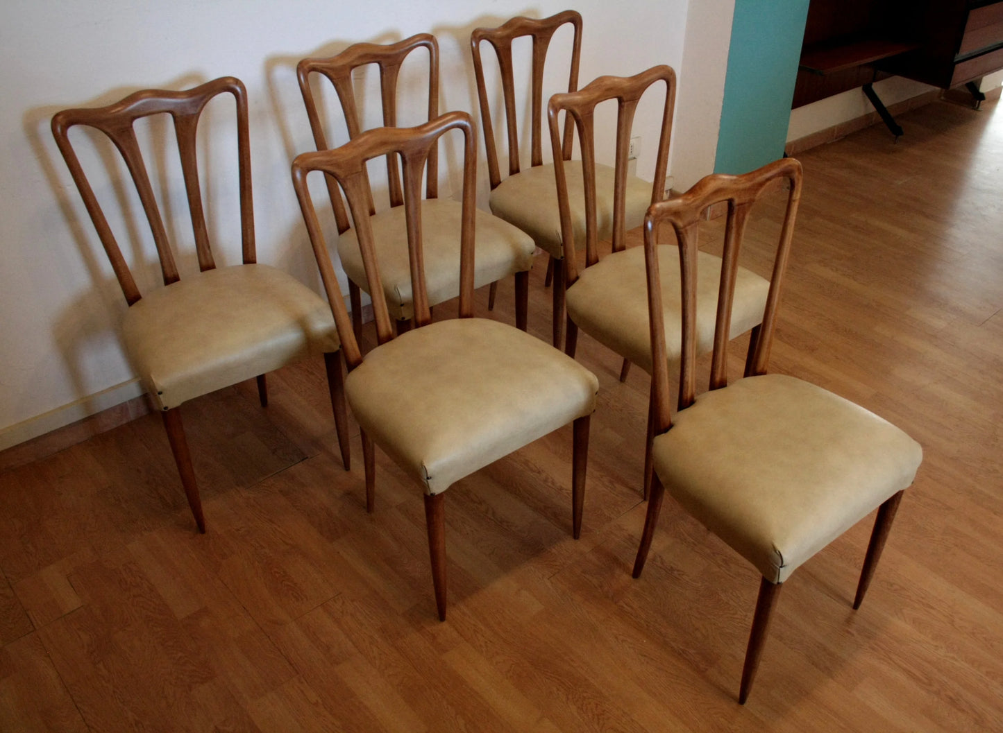 Sei sedie da pranzo in legno con seduta imbottita vittorio dassi pranzo mid-century moderna anni 50