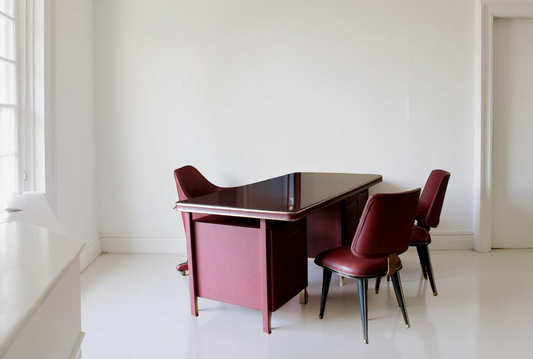 Set scrivania e tre sedie di Umberto Mascagni in similpelle bordeaux e ottone
