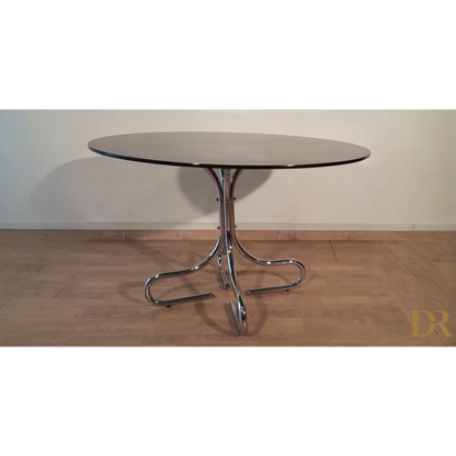 Tavolino da caffè in acciaio cromato con ripiano rotondo, design italiano elegante