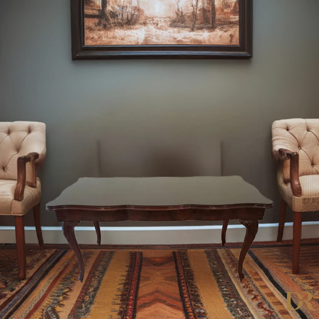 Tavolo Chippendale vintage con vetro fumè splendido e ripiano in noce