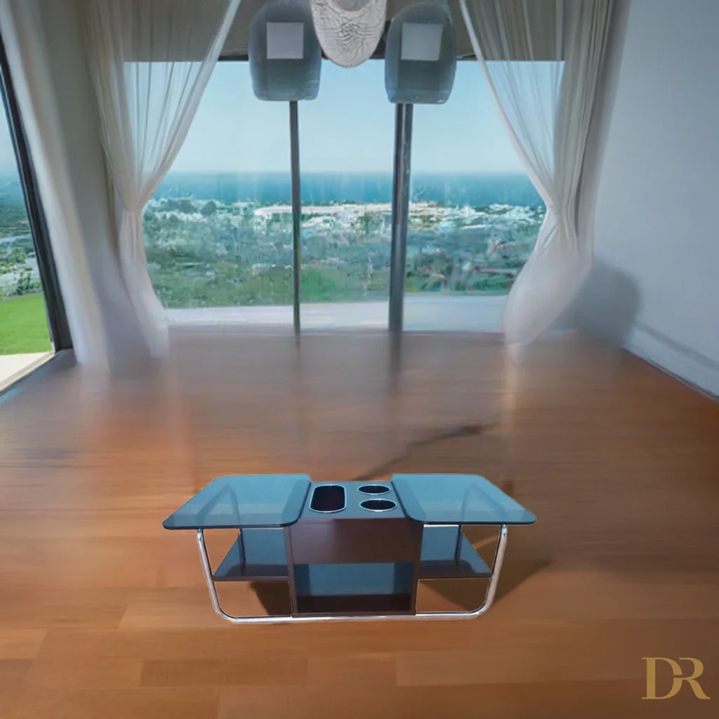 Alt text: Tavolino bar vintage in vetro e metallo cromato splendido stile anni 70