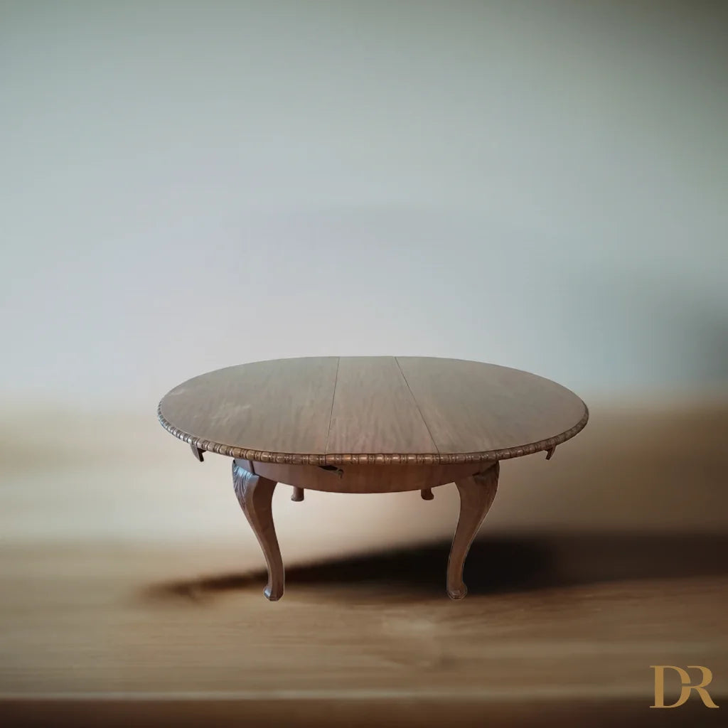 Tavolo tondo vintage allungabile in rovere con gambe curve in stile Luigi Filippo