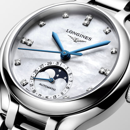 Longines Primaluna Moonphase Watch 34mm Mother-of-Pearl Diamonds Automatic Steel L8.126.4.87.6