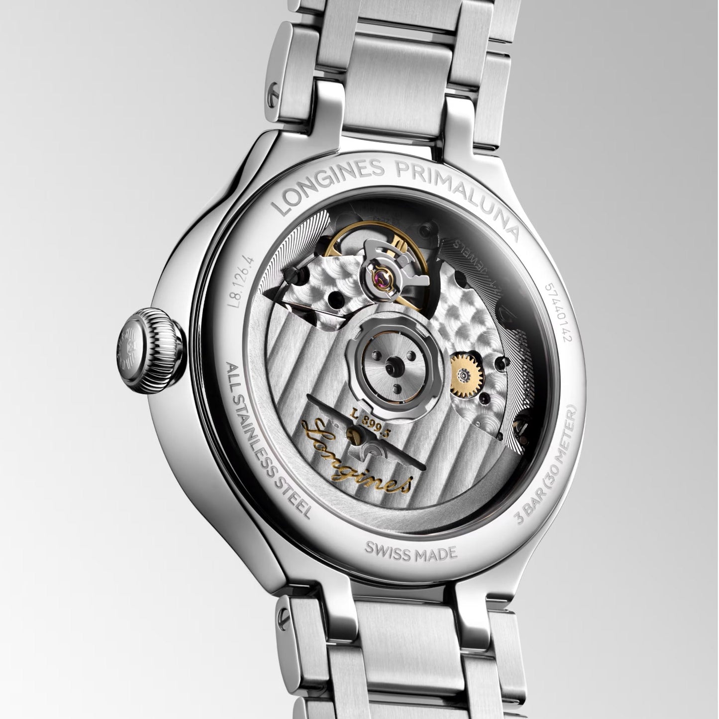 Longines Primaluna Moonphase Watch 34mm Mother-of-Pearl Diamonds Automatic Steel L8.126.4.87.6