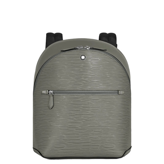 Montblanc zaino mini in pelle grigio medio con texture verde oliva, cerniere argento e dettagli neri eleganti